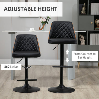Modern Bar Stools PU Leather Set of 2 Swivel Bar Height Barstools Chairs with Adjustable Height, Round Heavy Metal Base 