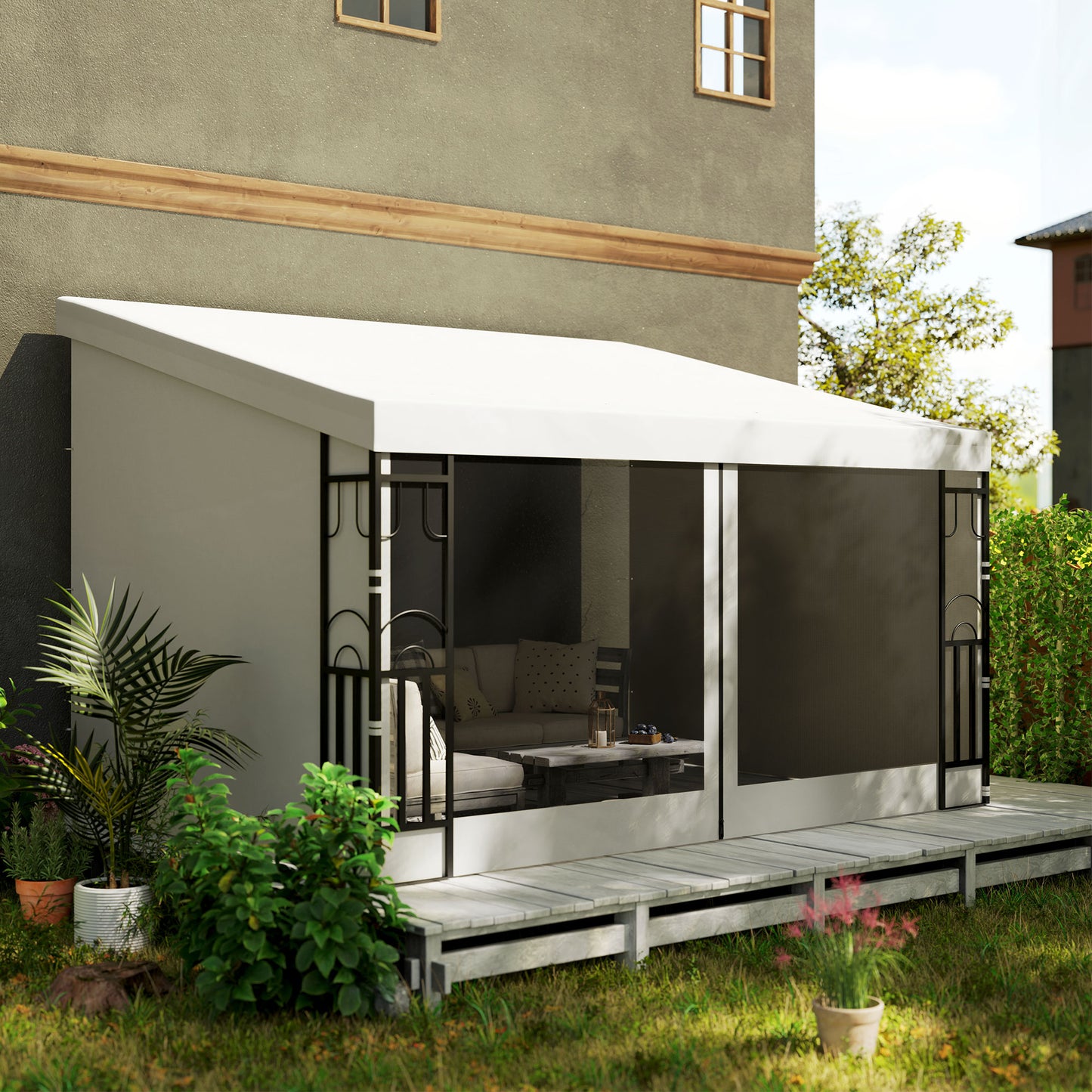 10' x 13' Wall Pergola, Outdoor Gazebo with 2 Curtains and 2 Nettings, UV Resistant, for Patio, Deck,  Beige