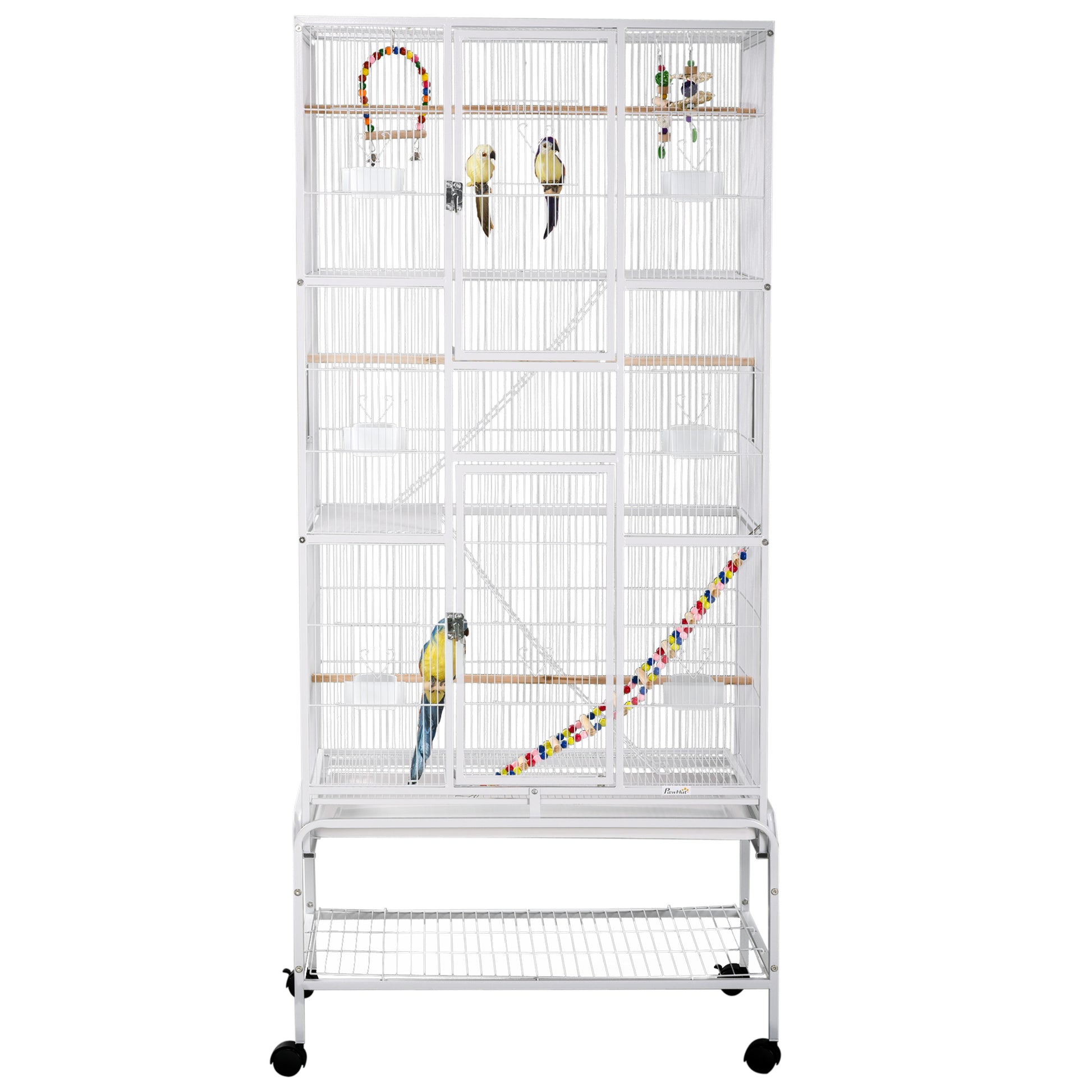 71" Bird Cage with Wheels Perches, Ramp, Storage Shelf, Toys for Canaries, Finches, Cockatiels, Parakeets, White