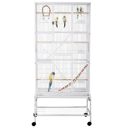 71" Bird Cage with Wheels Perches, Ramp, Storage Shelf, Toys for Canaries, Finches, Cockatiels, Parakeets, White