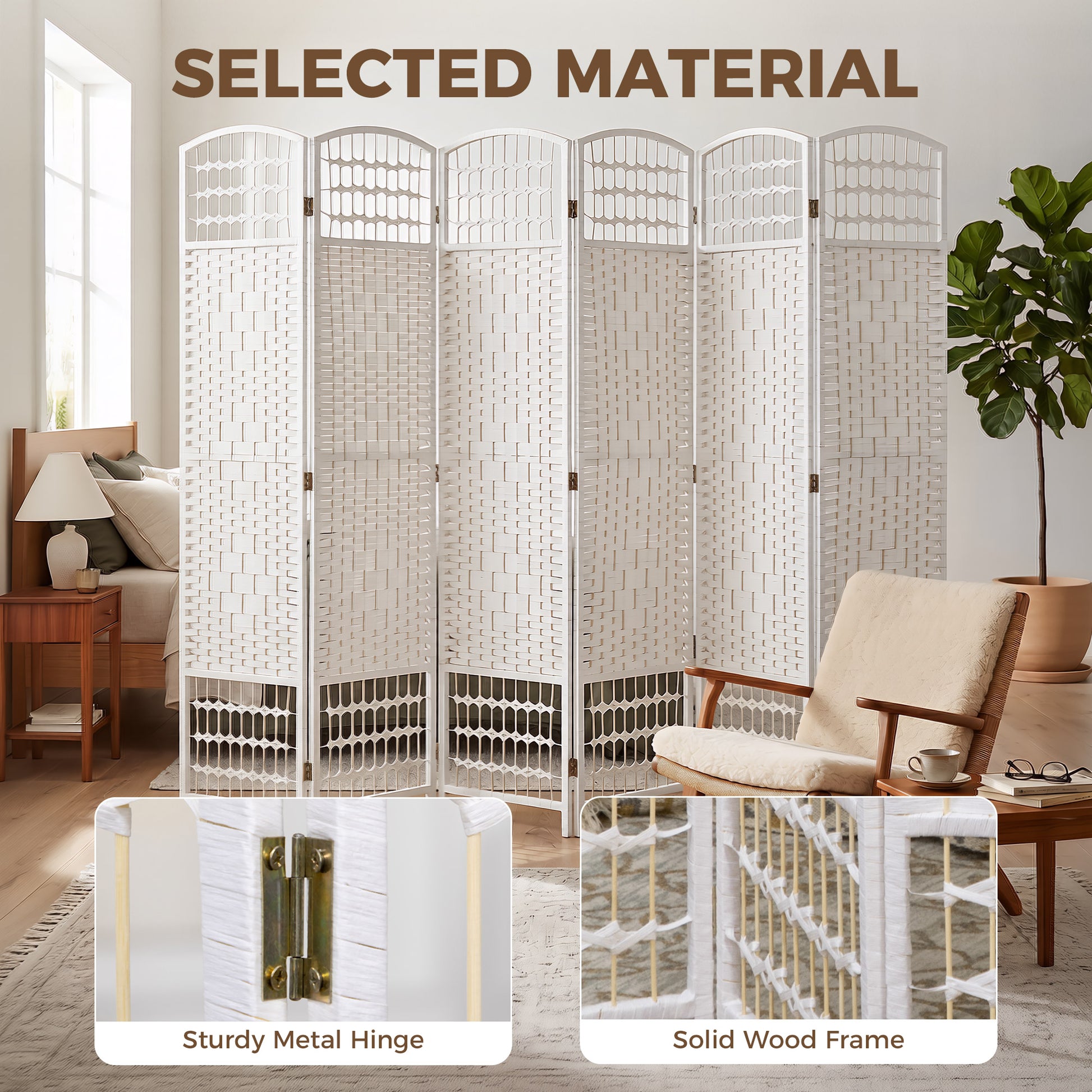 6 Panel Folding Room Divider, Portable Privacy Screen, Wave Fiber Room Partition for Home Office, White