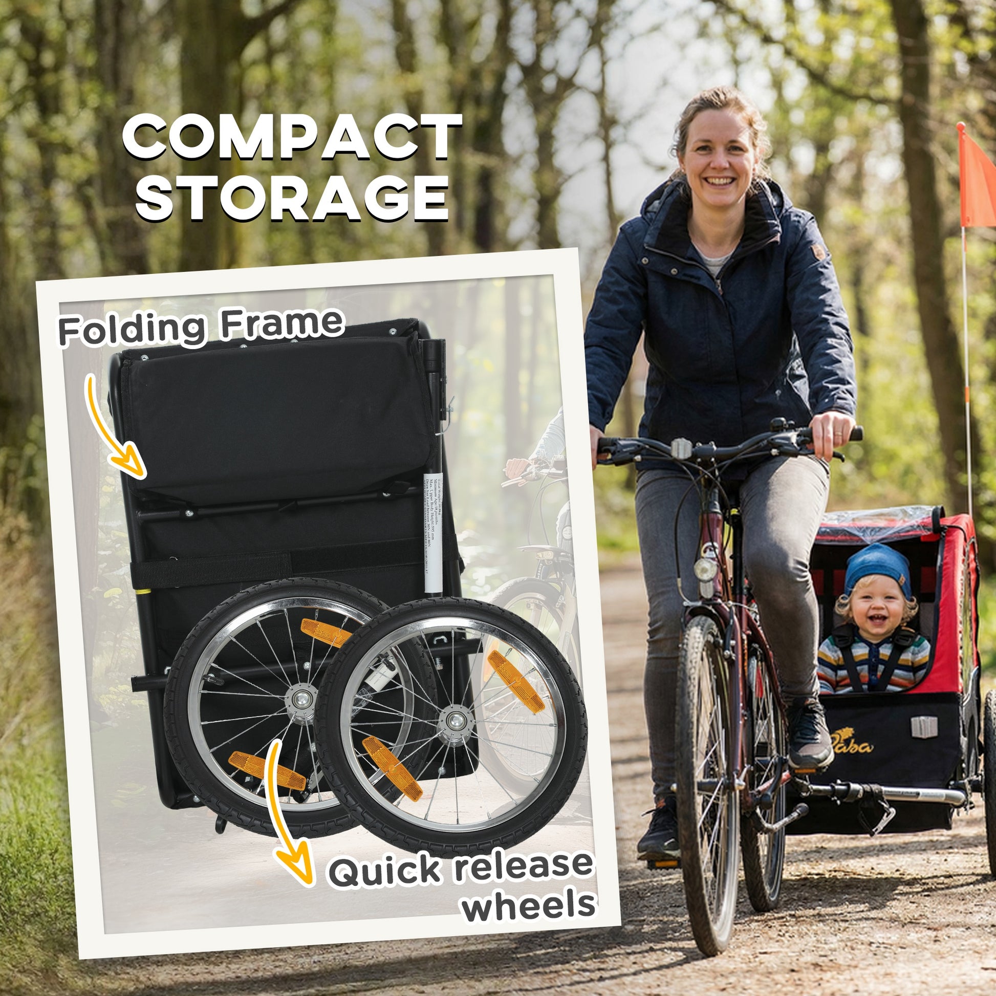 Qaba Bike Trailer for Kids, Baby Bicycle Trailer with 5-Point Harness, 16" Rubber Wheels, Storage Bag, for 18+ Months, R