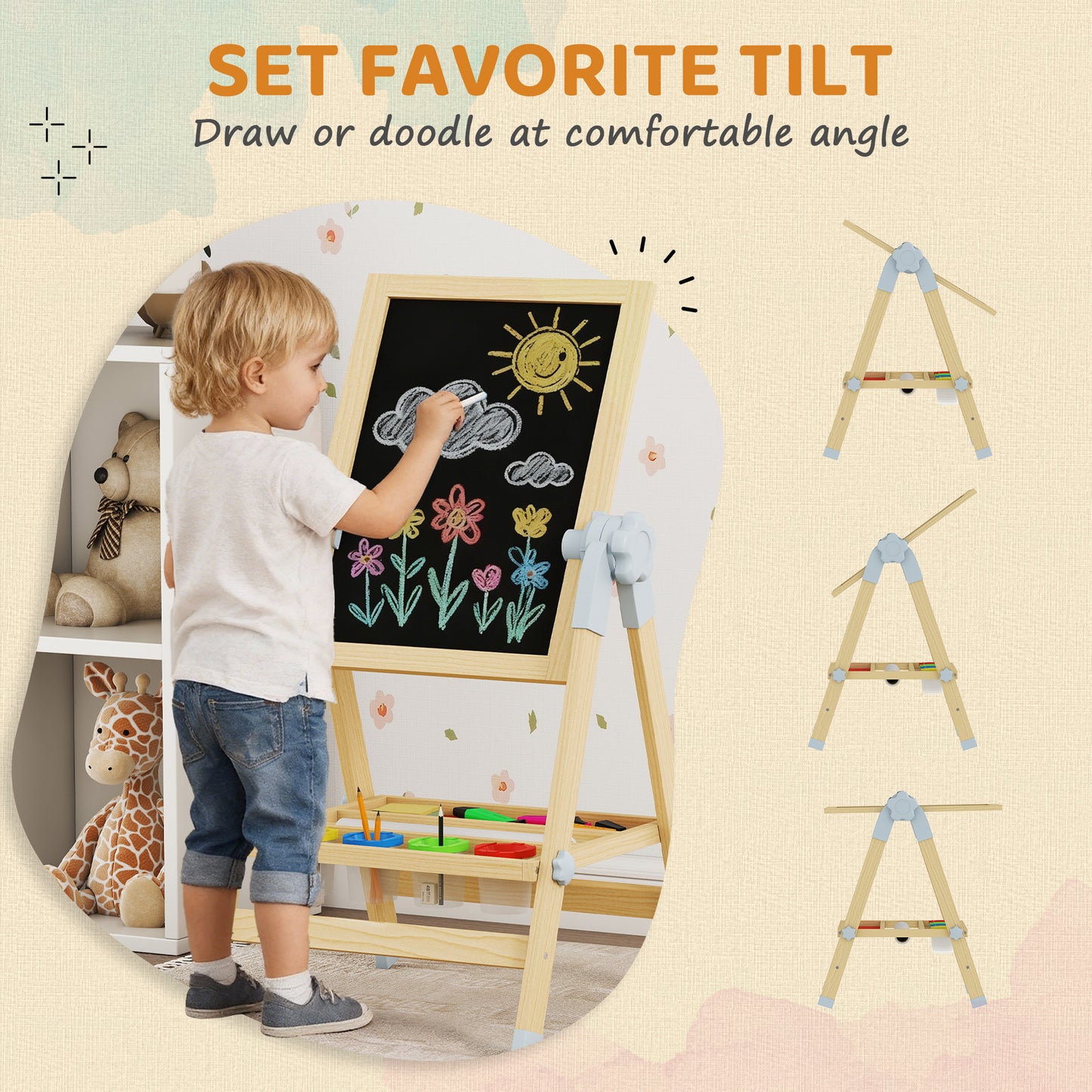 Qaba Wooden Art Easel, Double Sided Kids Easel with Height Adjustable Chalkboard and Magnetic Whiteboard, Natural