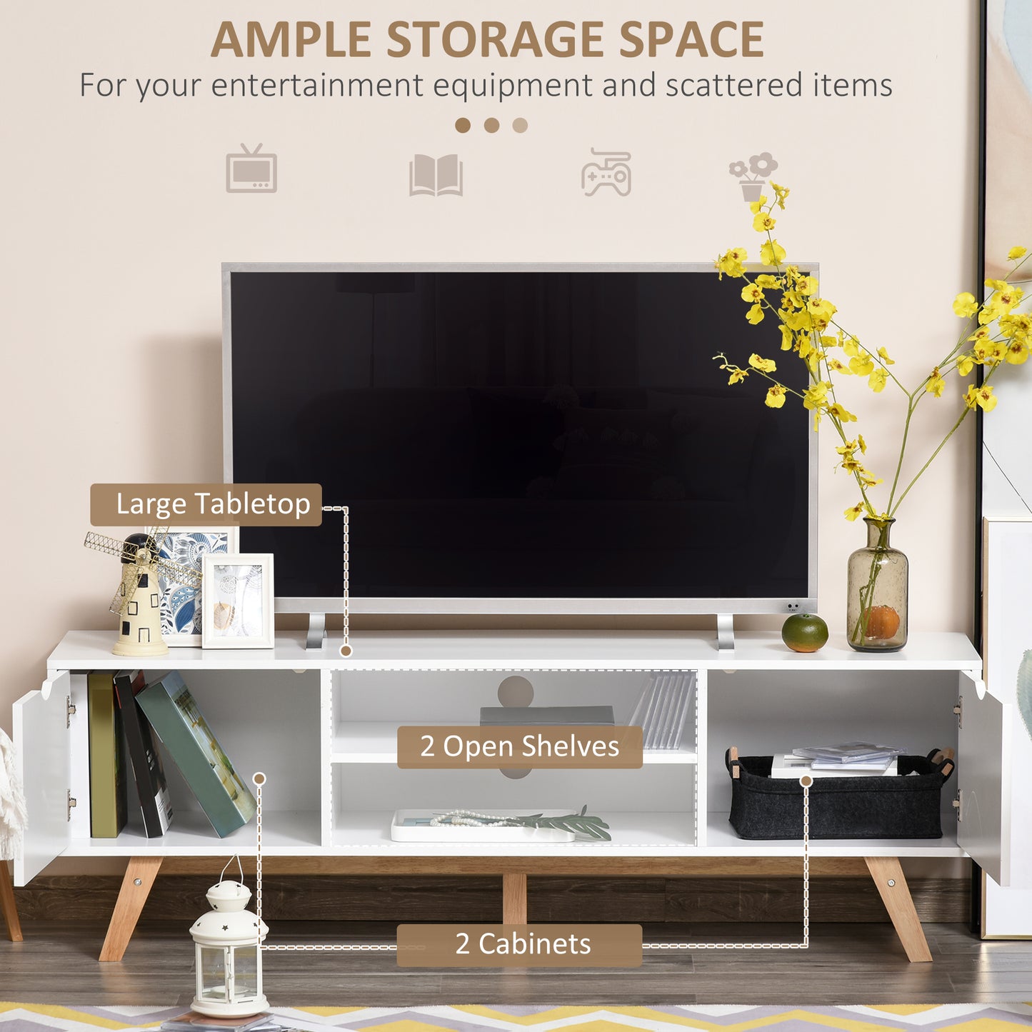 Modern Wooden TV Stand with 2 Storage Cabinet Stand for TV's up to 65" for Living Room Office, Storage Entertainment Cen