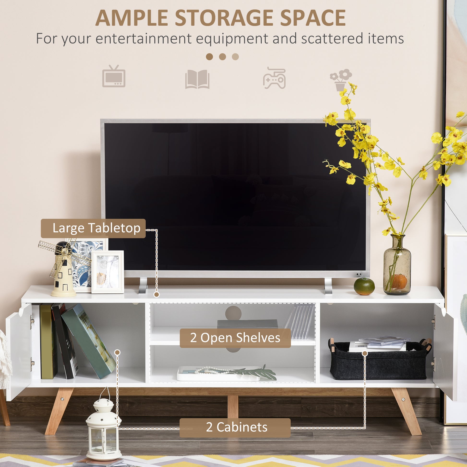 Modern Wooden TV Stand with 2 Storage Cabinet Stand for TV's up to 65" for Living Room Office, Storage Entertainment Cen