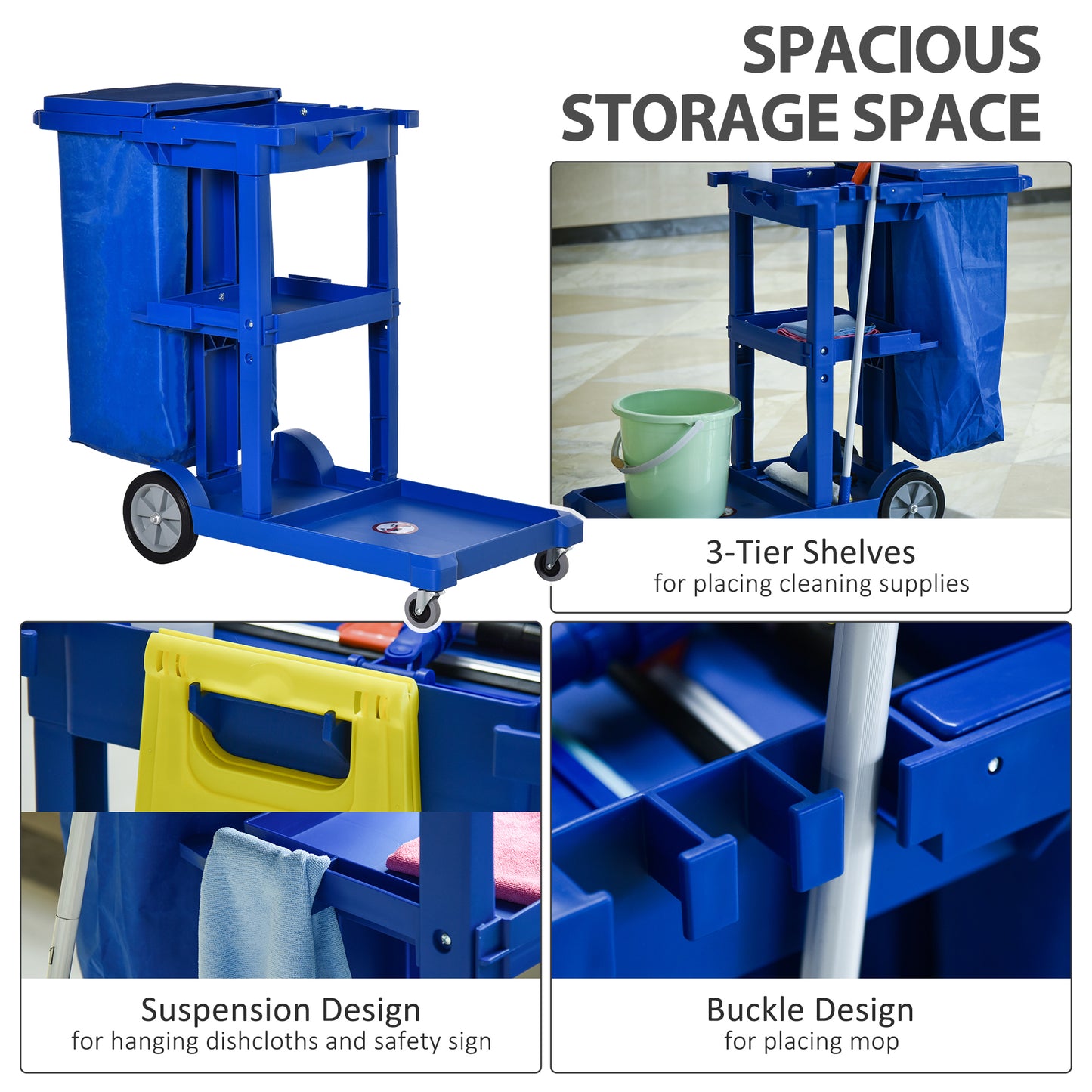 Commercial Janitorial Cart with 3-Tier Shelves, Trash Bag and Mop Holder - Blue - Image 3