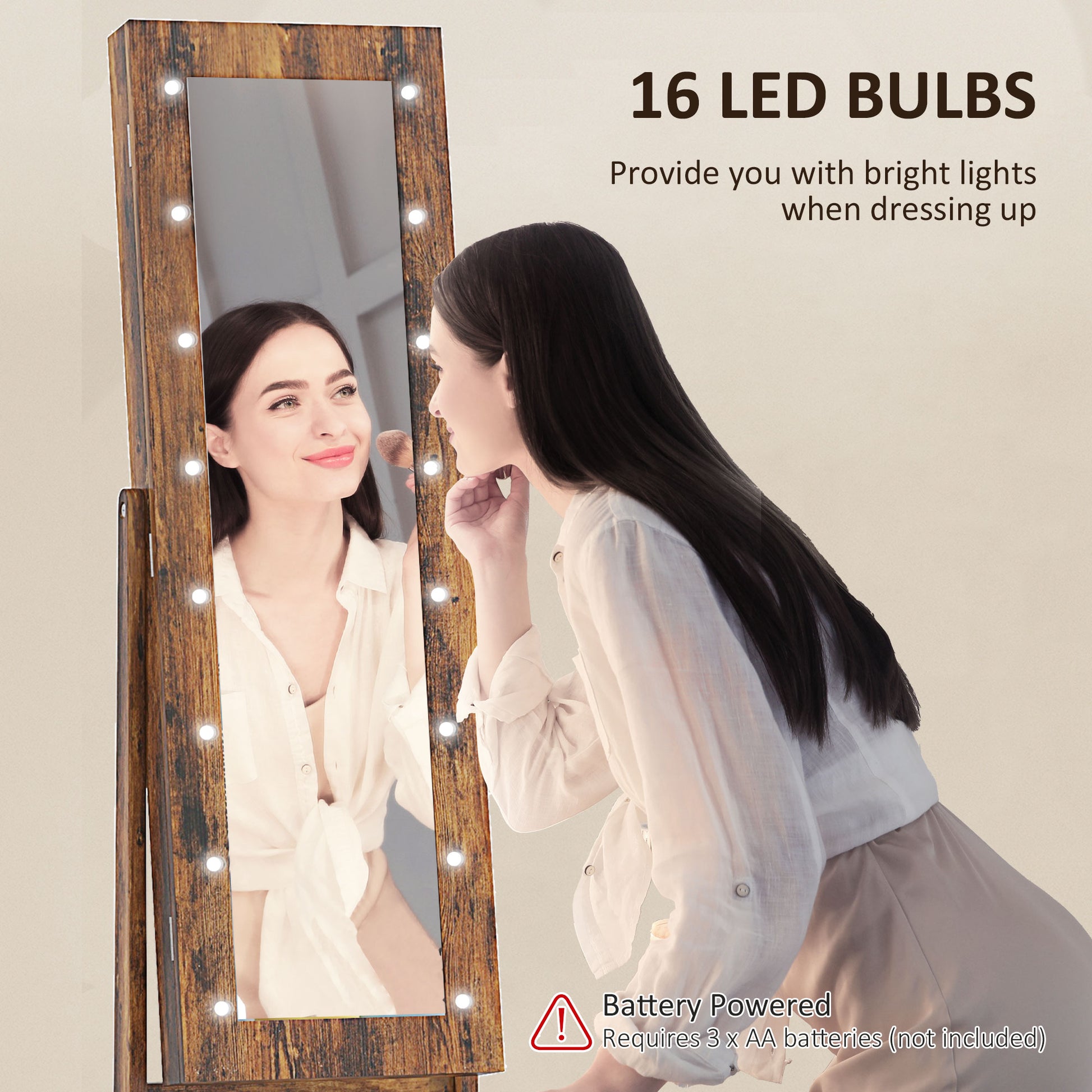 Free Standing Armoire Organizer, Lighted Mirrored Jewelry Cabinet w/ Angle Adjustable & 16 LED Lights Rustic Brown
