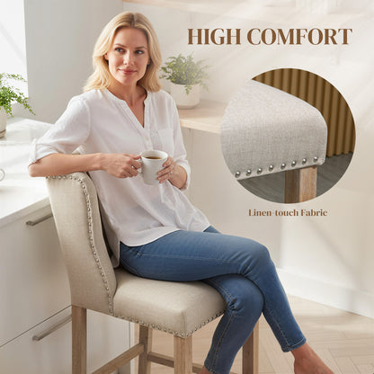 Counter Height Bar Stools Set of 2, Upholstered Bar Chairs with Nailhead Backrest and Footrest, Modern Barstools for Kit