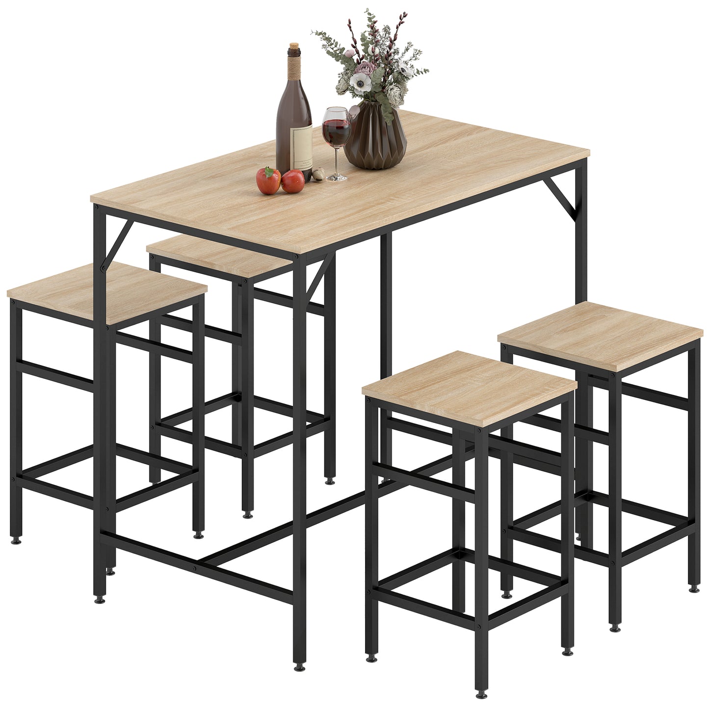5 Pieces Industrial Rectangular Bar Table Set, Dining Table Set Breakfast Table with 4 Stools for Dining Room, Kitchen, 