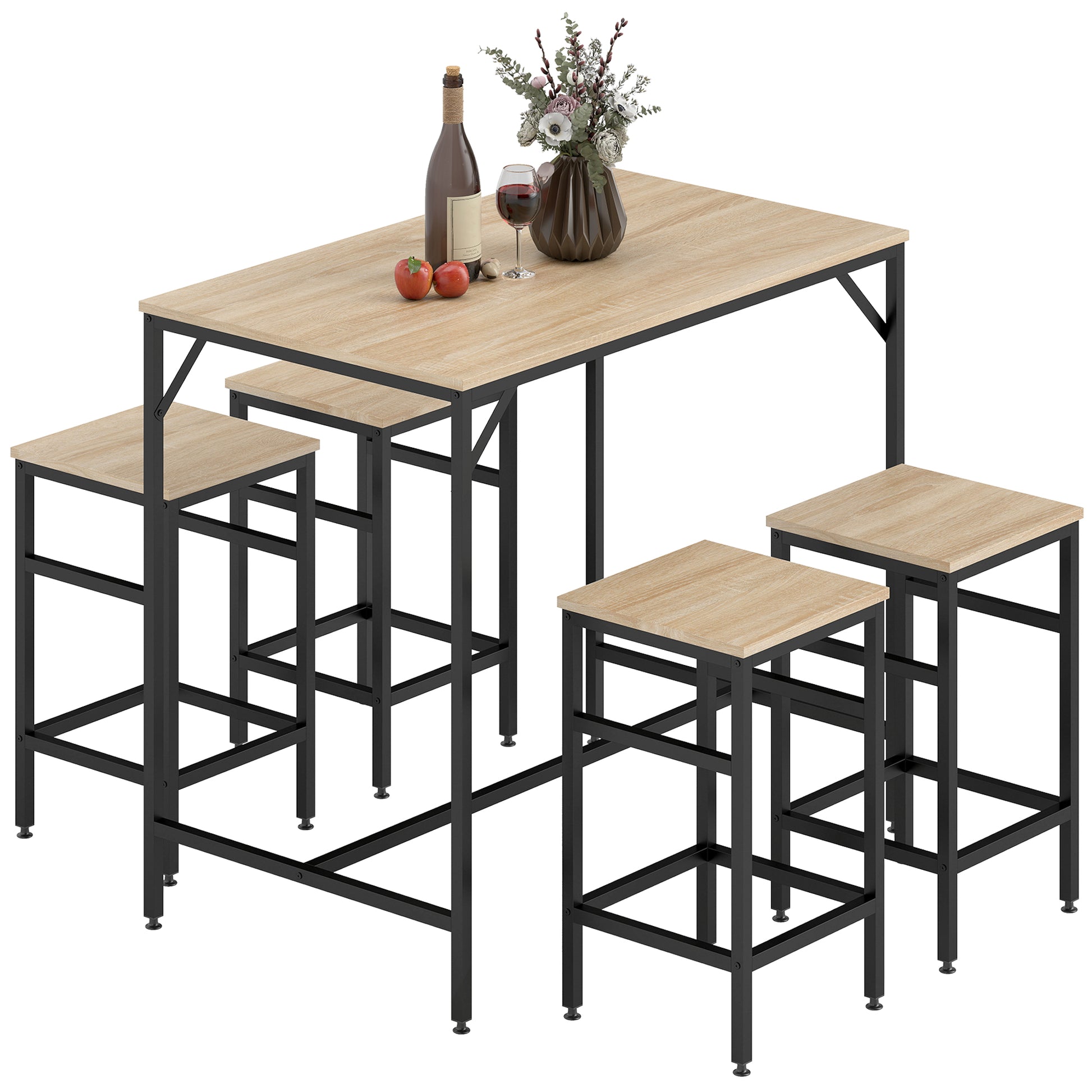 5 Pieces Industrial Rectangular Bar Table Set, Dining Table Set Breakfast Table with 4 Stools for Dining Room, Kitchen, 