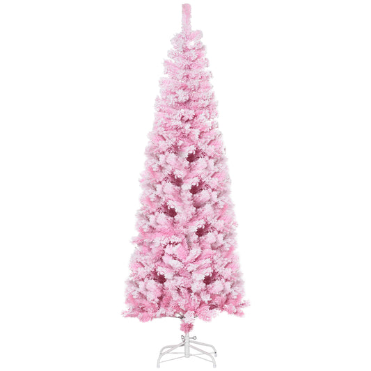 6 FT Snow Flocked Artificial Christmas Tree, Pencil Xmas Tree with Realistic Branches, Auto Open and Steel Base, Pink
