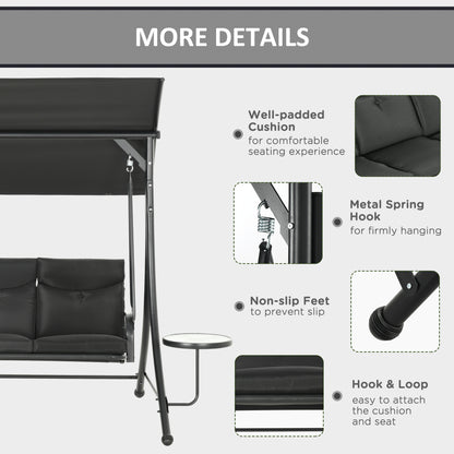 3-Seat Outdoor Swing Chair Steel Swing Bench with Adjustable Canopy & Coffee Tables & Cushion for Patio Garden, Black