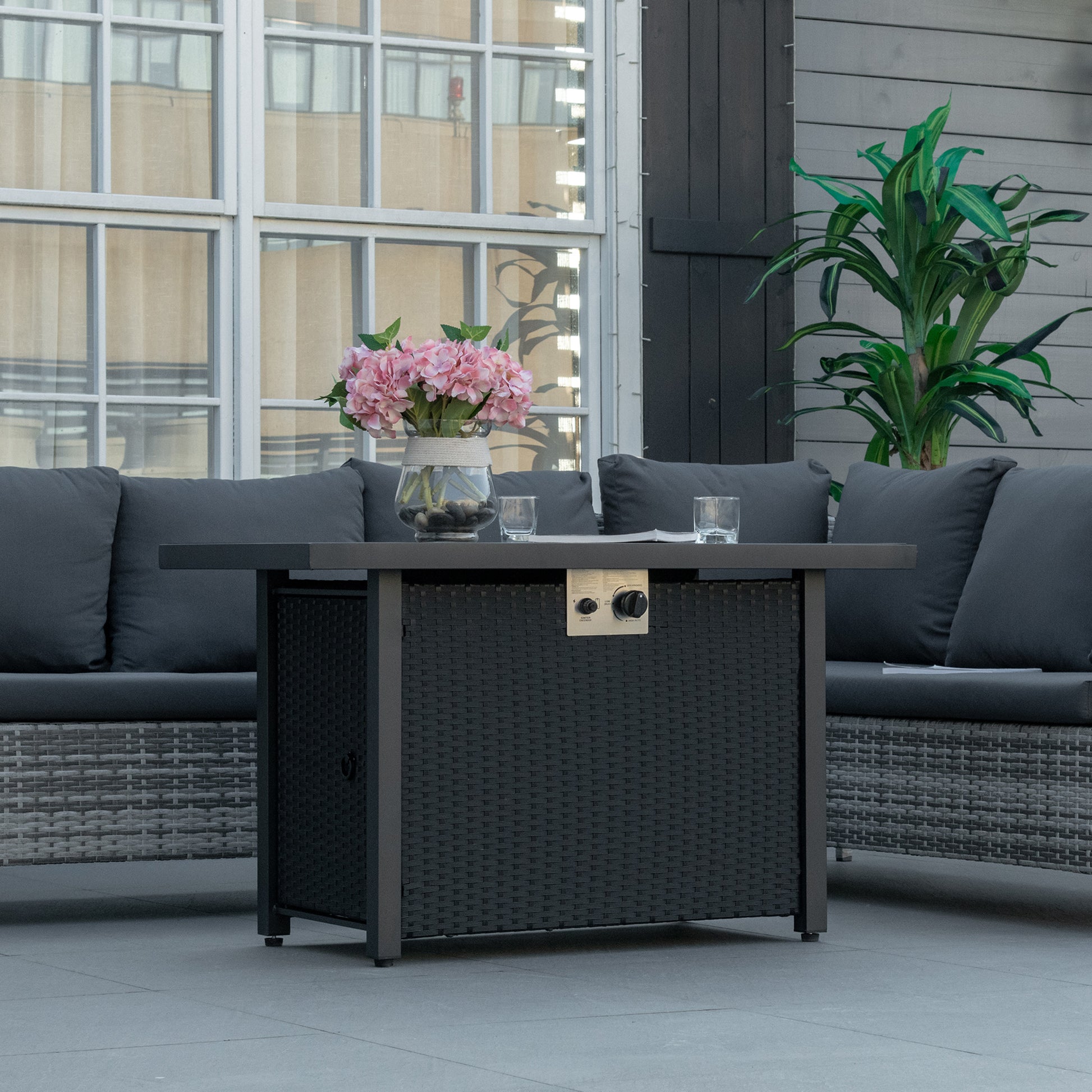 Propane Fire Pit Table 43in Outdoor Fire Table, 50,000 BTU Pulse-Ignition Wicker Firepit Furniture with Glass Wind Guard