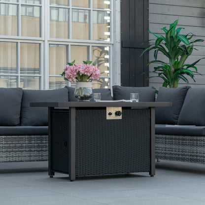 Propane Fire Pit Table 43in Outdoor Fire Table, 50,000 BTU Pulse-Ignition Wicker Firepit Furniture with Glass Wind Guard