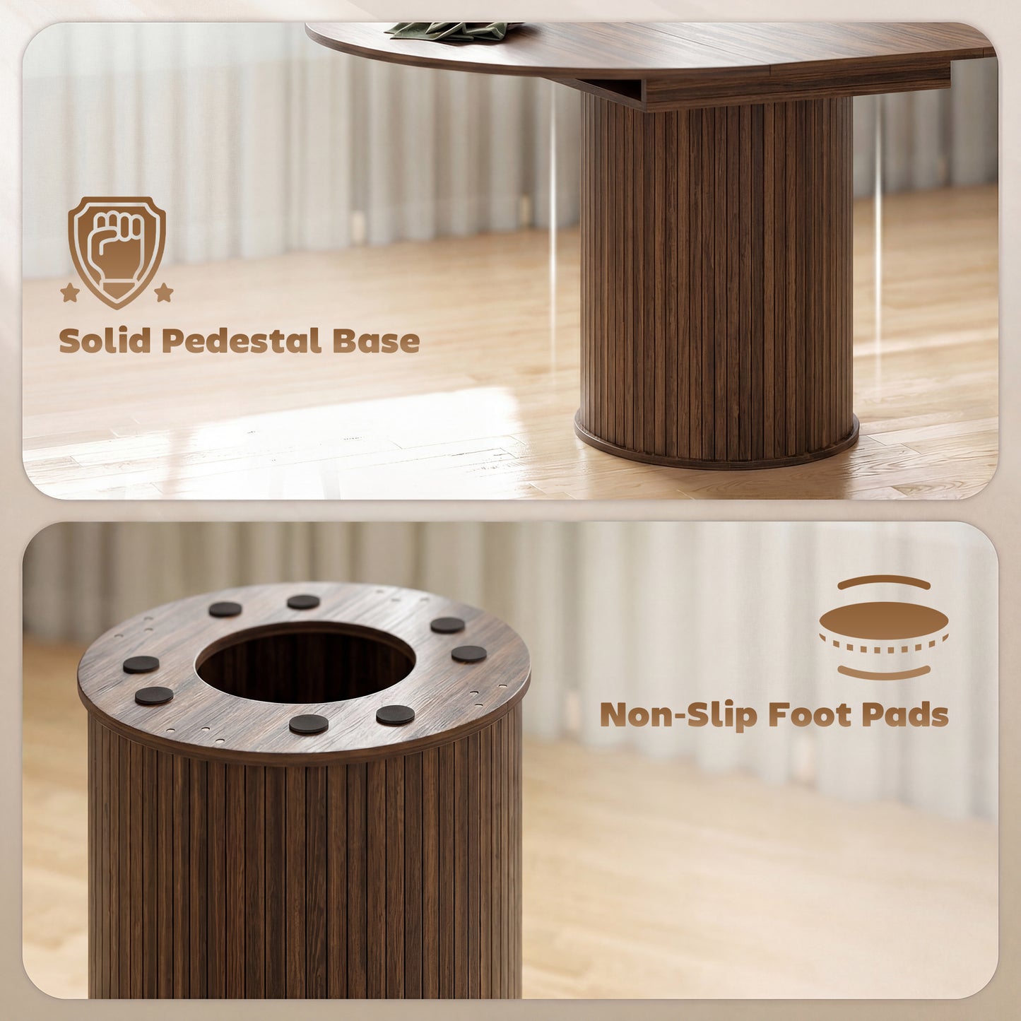 Extendable Kitchen Table for 6-8, 43.5"-59" Farmhouse Dining Table with Pedestal Base Walnut Wood Grain