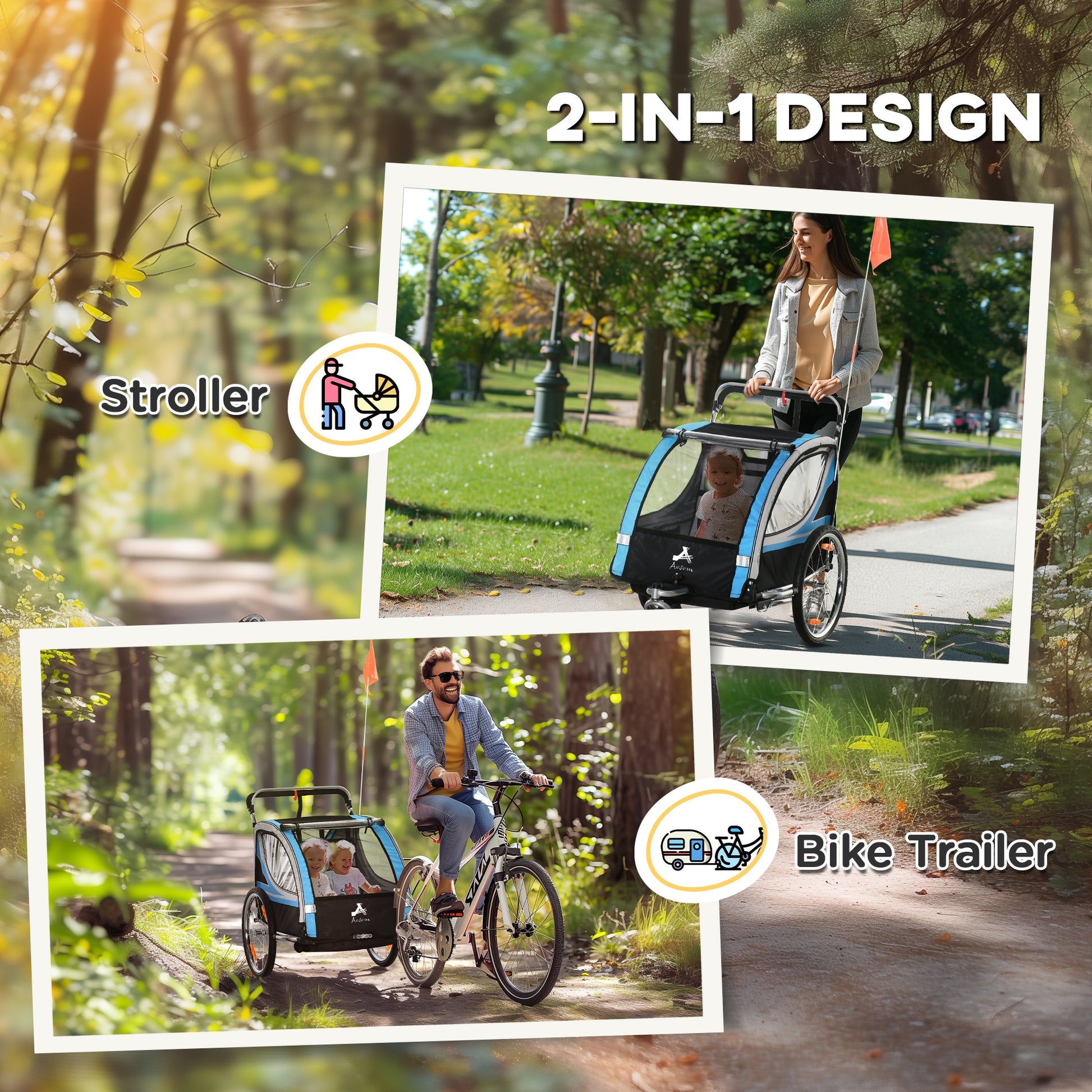 VarietyKart 2 Seat Bike Trailer for Kids 2-in-1 Double Baby Stroller with Handbrake, Rubber Wheels, 5 Point Harness, Wat