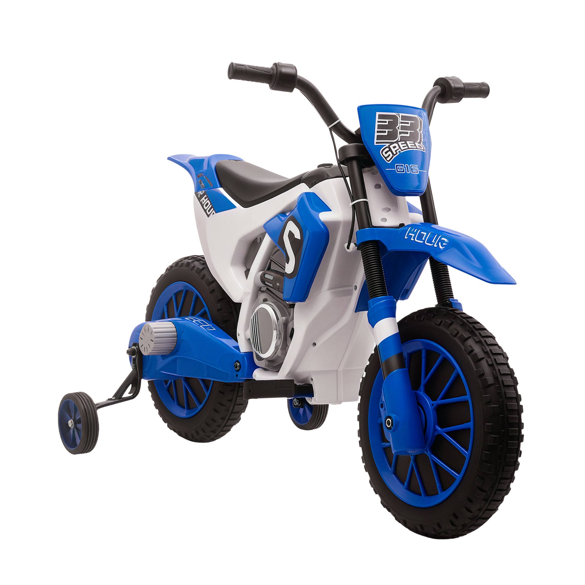 VarietyKart Kids Dirt Bike 12V Battery-Powered Ride-On Electric Motorcycle with Charging Battery, Training Wheels Blue