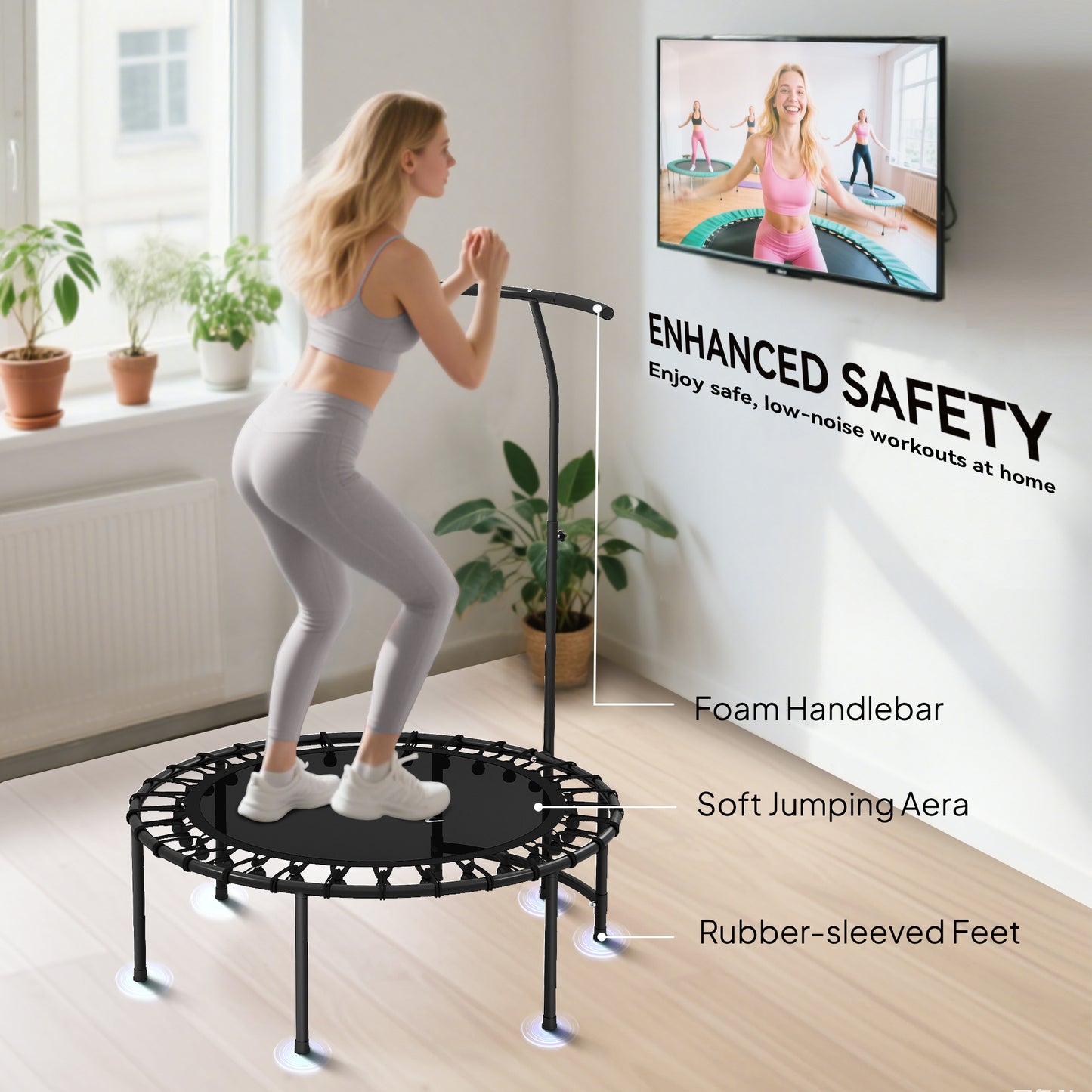 Soozier 40" Foldable Rebounder Trampoline ,Mini Trampoline Indoor with Adjustable Handle, Quiet and Safe Bungee Rebounde