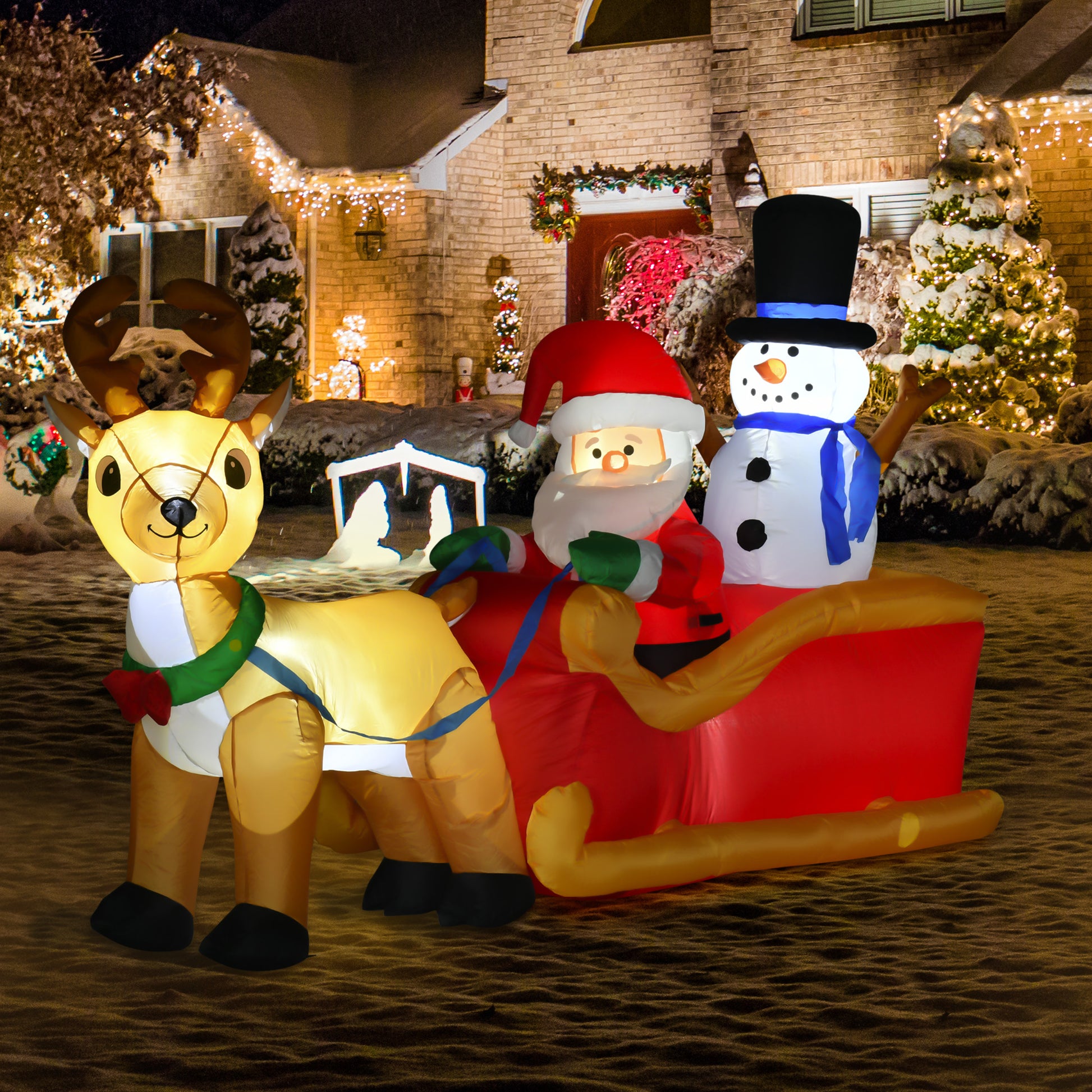 6.5 ft Christmas Inflatable Santa Claus & Snowman on Sleigh with Reindeer, Blow up Christmas Decorations with LED Lights