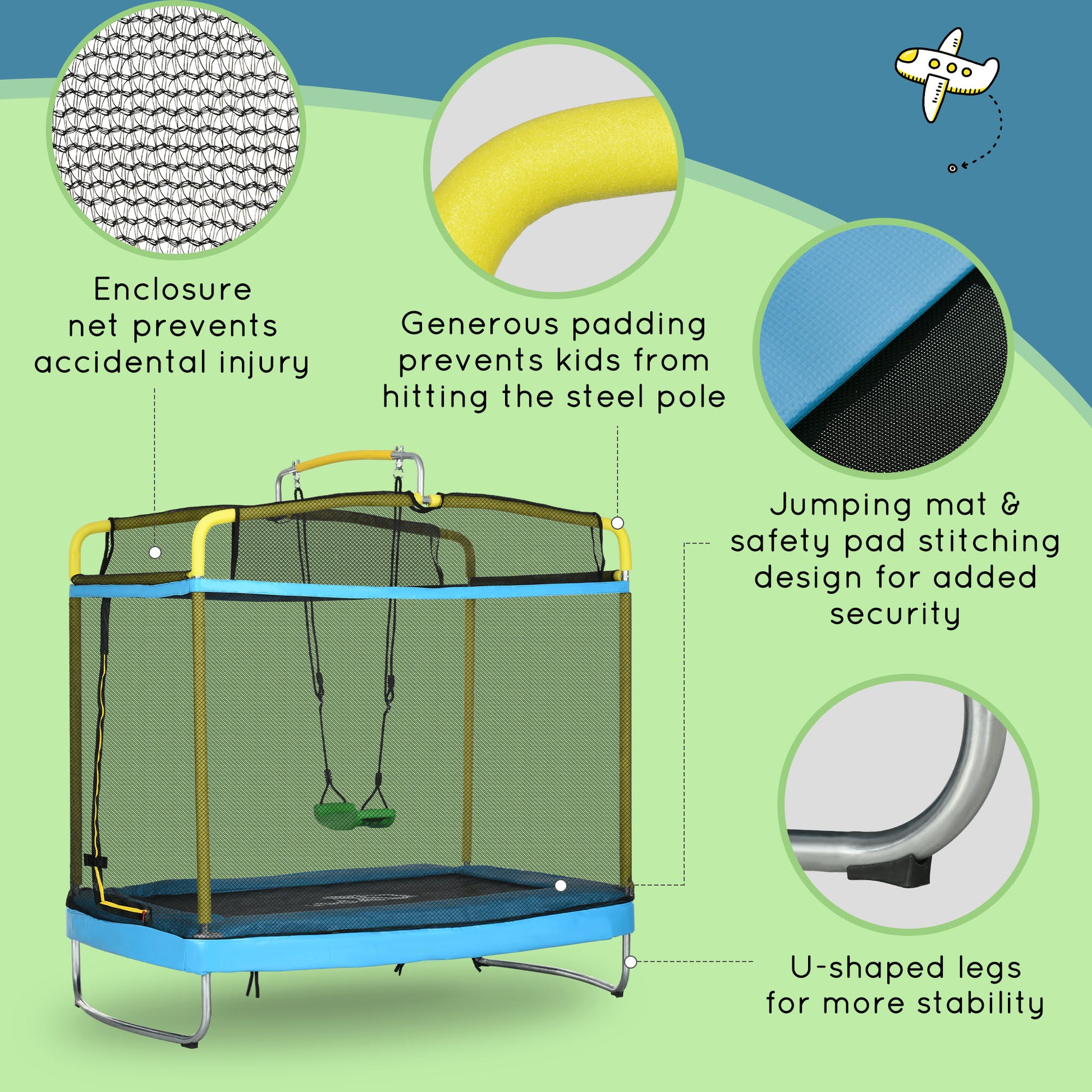 Qaba 6.9FT Kids Trampoline with Safety Net, Gymnastics Bar, Swing, Toddler Trampoline for 3-6 Years Old Outdoor