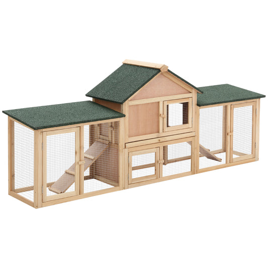 Large Rabbit Hutch Wood Bunny Cage Outdoor Guinea Pig House with Double Runs Slide Out Tray Ramps, 83"x18"x33", Natural