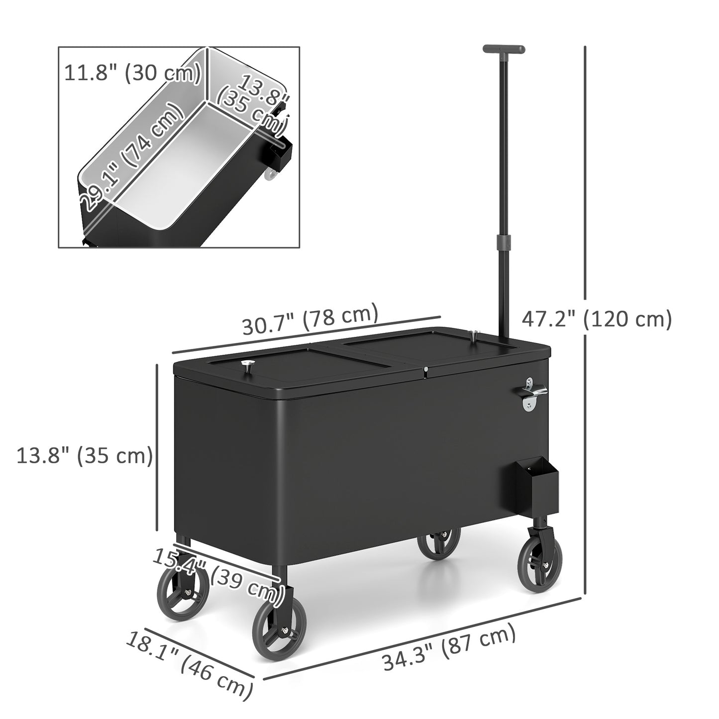 80-Qt Outdoor Patio Cooler Cart, Rolling Ice Chest with Adjustable Handle, Wheels, Bottle Opener, Drainage, Outdoor Beve