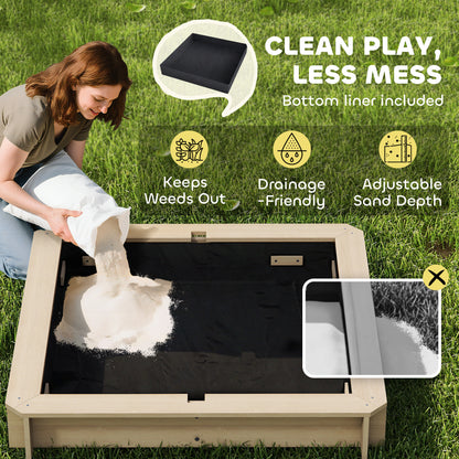 Kids Wooden Sandbox Outdoor Backyard Playset Children Play Station w/ Adjustable Canopy & Convertible Bench Sand for 3-7