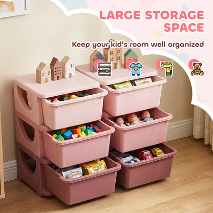 Qaba 3 Tier Kids Toy Organizer and Storage Bins with 6 Plastic Drawers, Pink