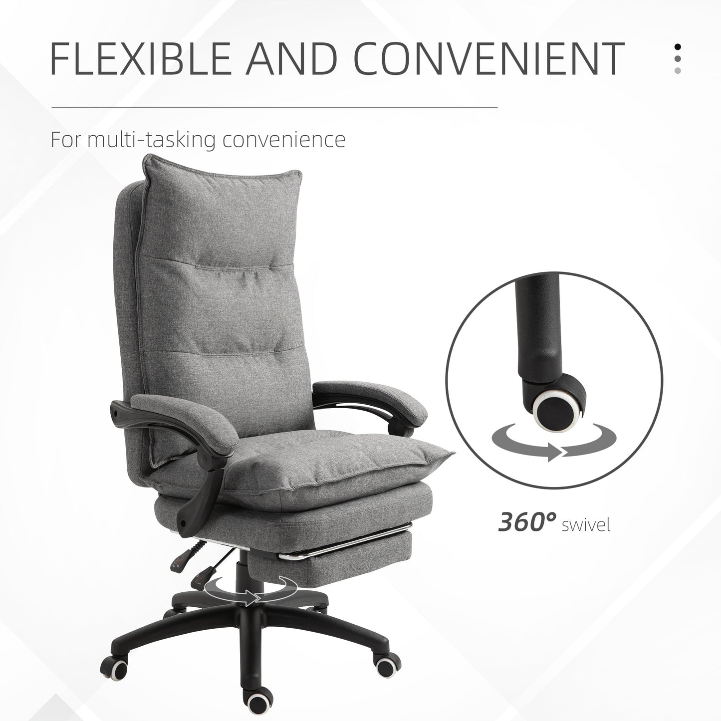 Office Chair 360° Swivel Adjustable Height Linen Style Fabric Recliner with Retractable Footrest and Double Padding, Gre
