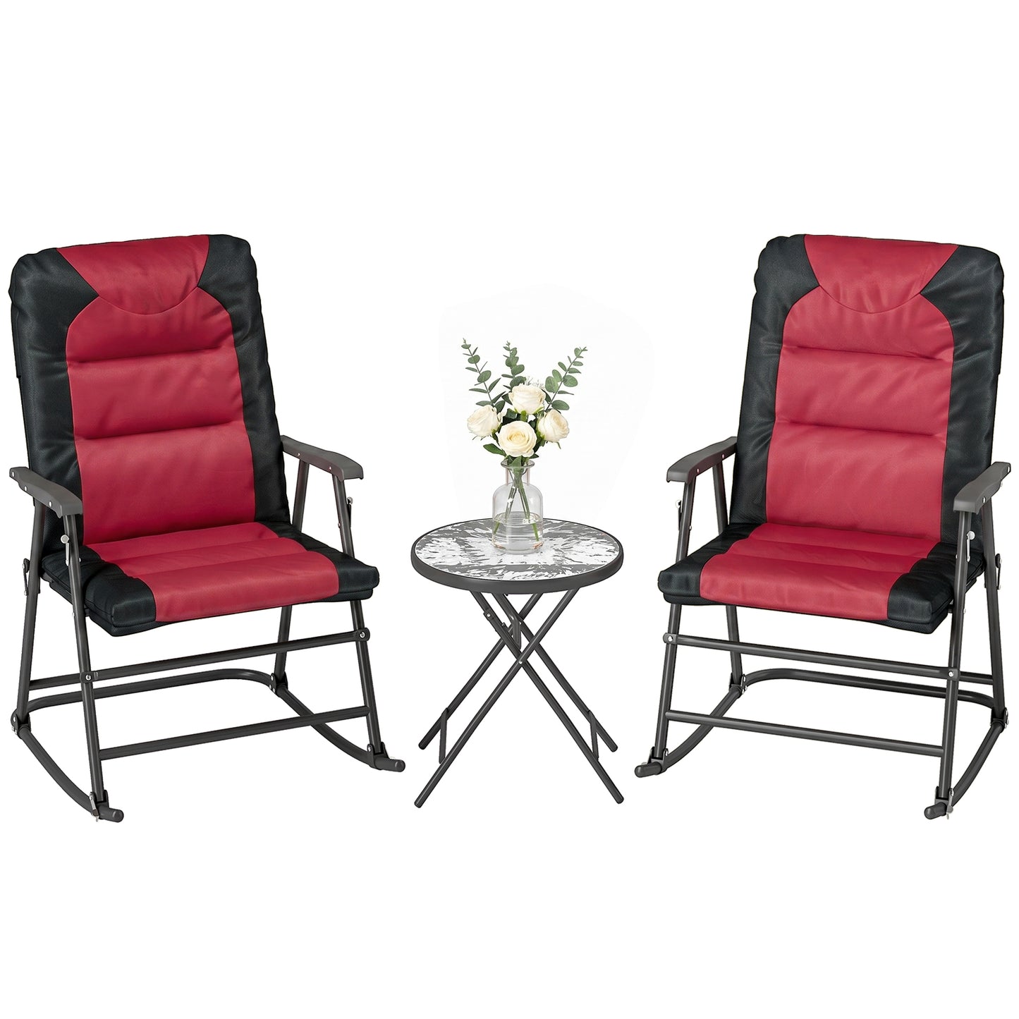3pc Patio Foldable Rocking Chair Set, Outdoor Rocking Chairs and Table Bistro Set w/ Padded Seat, Headrest, Backrest for