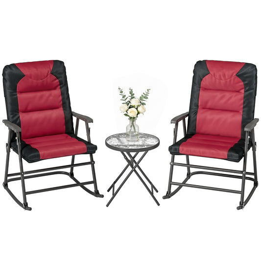 3pc Patio Foldable Rocking Chair Set, Outdoor Rocking Chairs and Table Bistro Set w/ Padded Seat, Headrest, Backrest for