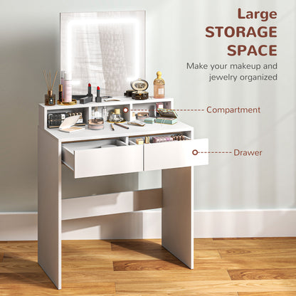 Makeup Vanity Desk with Mirror and LED Lights, for Bedroom, Modern Dressing Table with Drawers, Compartments, White