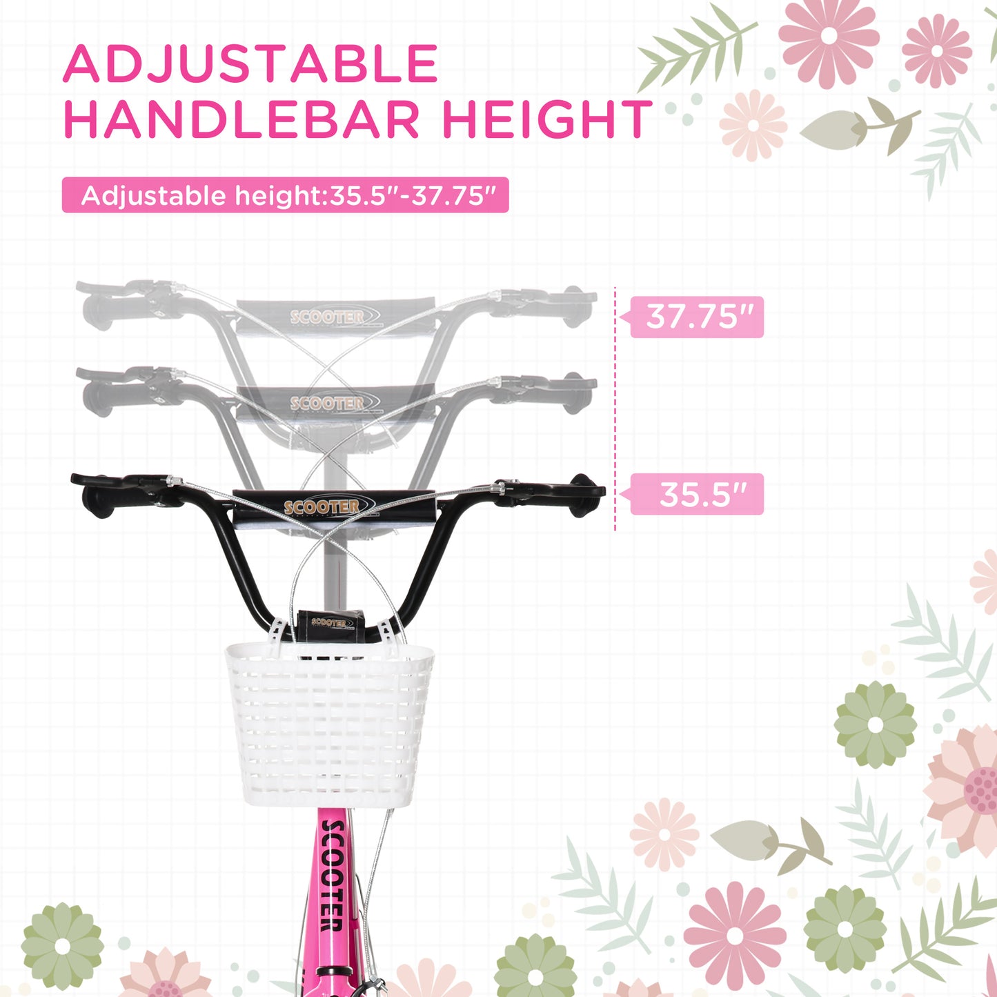 VarietyKart Kick Scooter with Adjustable Handlebar, Kids Scooter with 2 Brakes Basket Cupholder 16" Inflatable Rubber Ty
