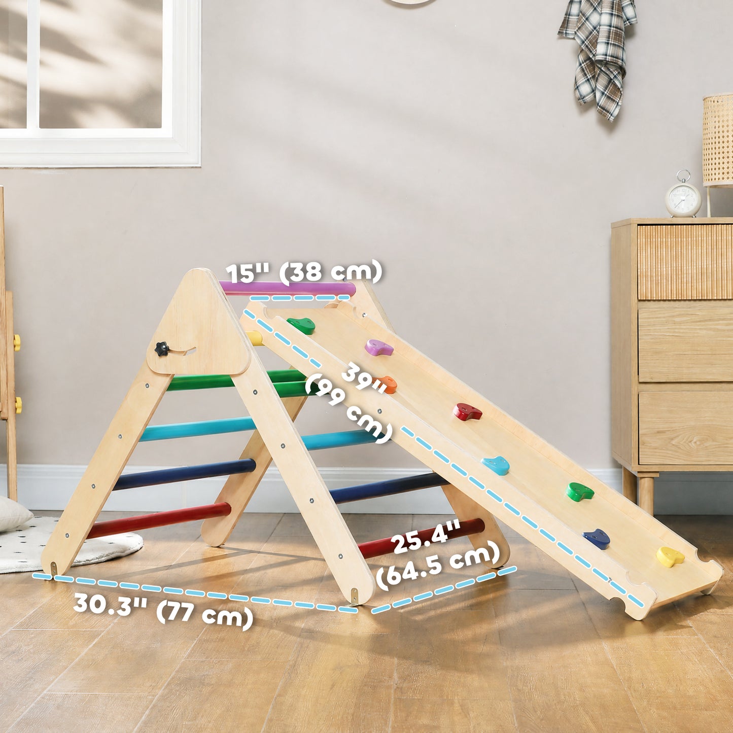 Qaba Pikler Triangle Set, 3 in 1 Climbing Toys with Ramp for Toddlers, Nature Wood
