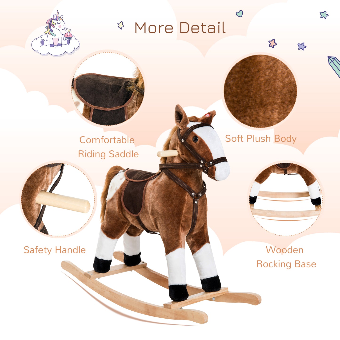 Qaba Baby Rocking Horse, Children Plush Animal Rocker, Kid Ride on Toy with Realistic Sound,  Handle Grip, Brown