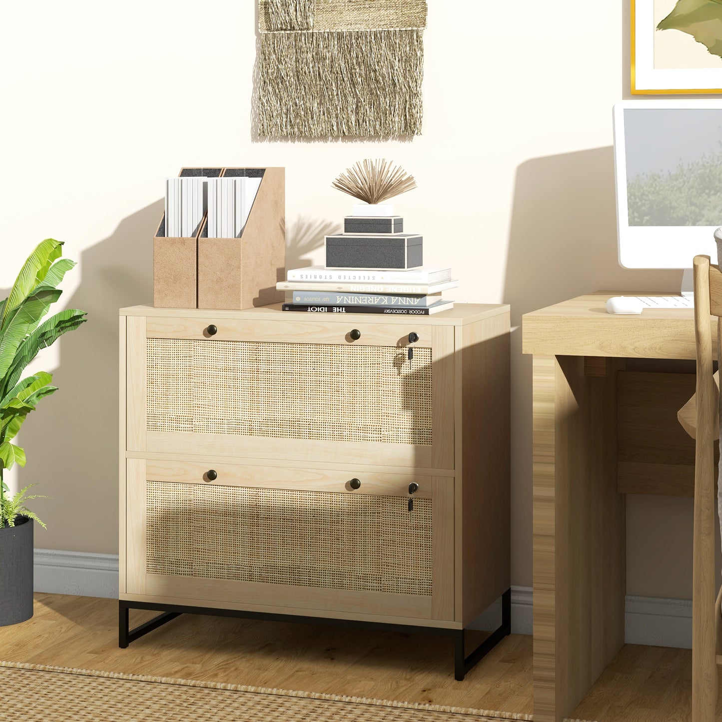 2-Drawer Filing Cabinet with Lock, Rattan File Cabinet with Adjustable Hanging Bar, Natural