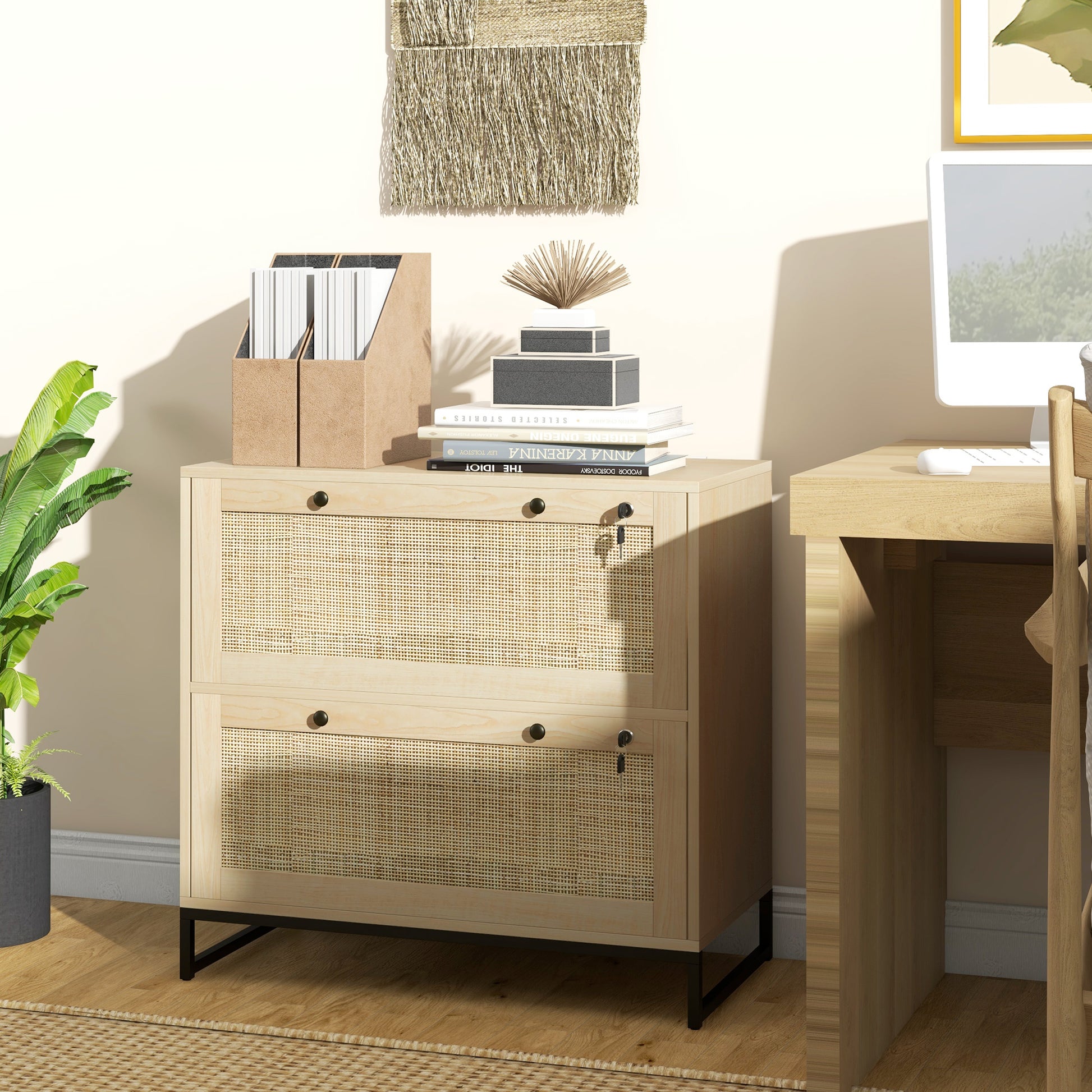 2-Drawer Filing Cabinet with Lock, Rattan File Cabinet with Adjustable Hanging Bar, Natural