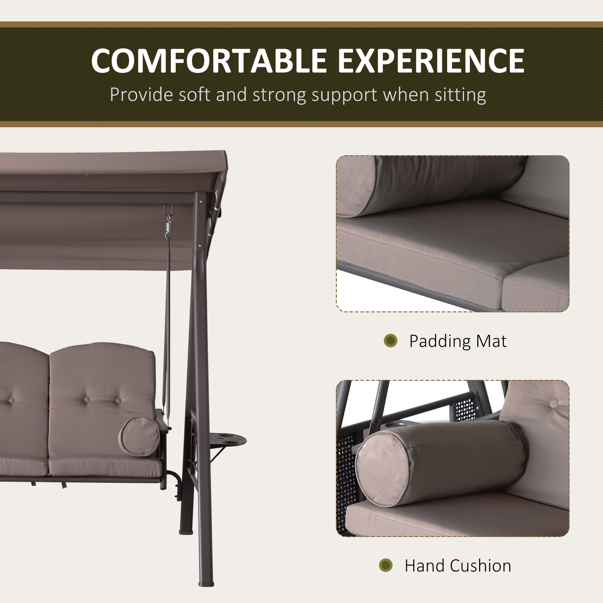 3 Seater Porch Swing Heavy Duty Outdoor Swing Chair Outdoor Lounge Hammock Cushioned Seat W/ Tilt Canopy, Brown