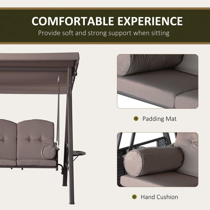 3 Seater Porch Swing Heavy Duty Outdoor Swing Chair Outdoor Lounge Hammock Cushioned Seat W/ Tilt Canopy, Brown