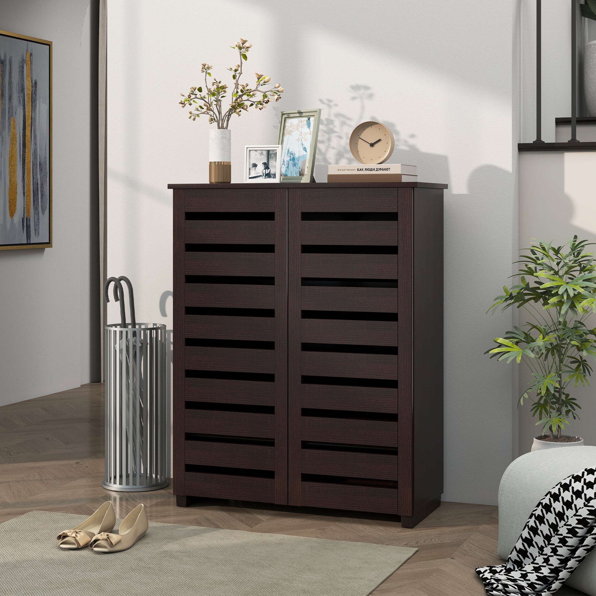 Narrow Shoe Cabinet with 2 Slatted Doors, Modern Shoe Storage Cabinet with Adjustable Shelves for Entryway, Hallway, Liv
