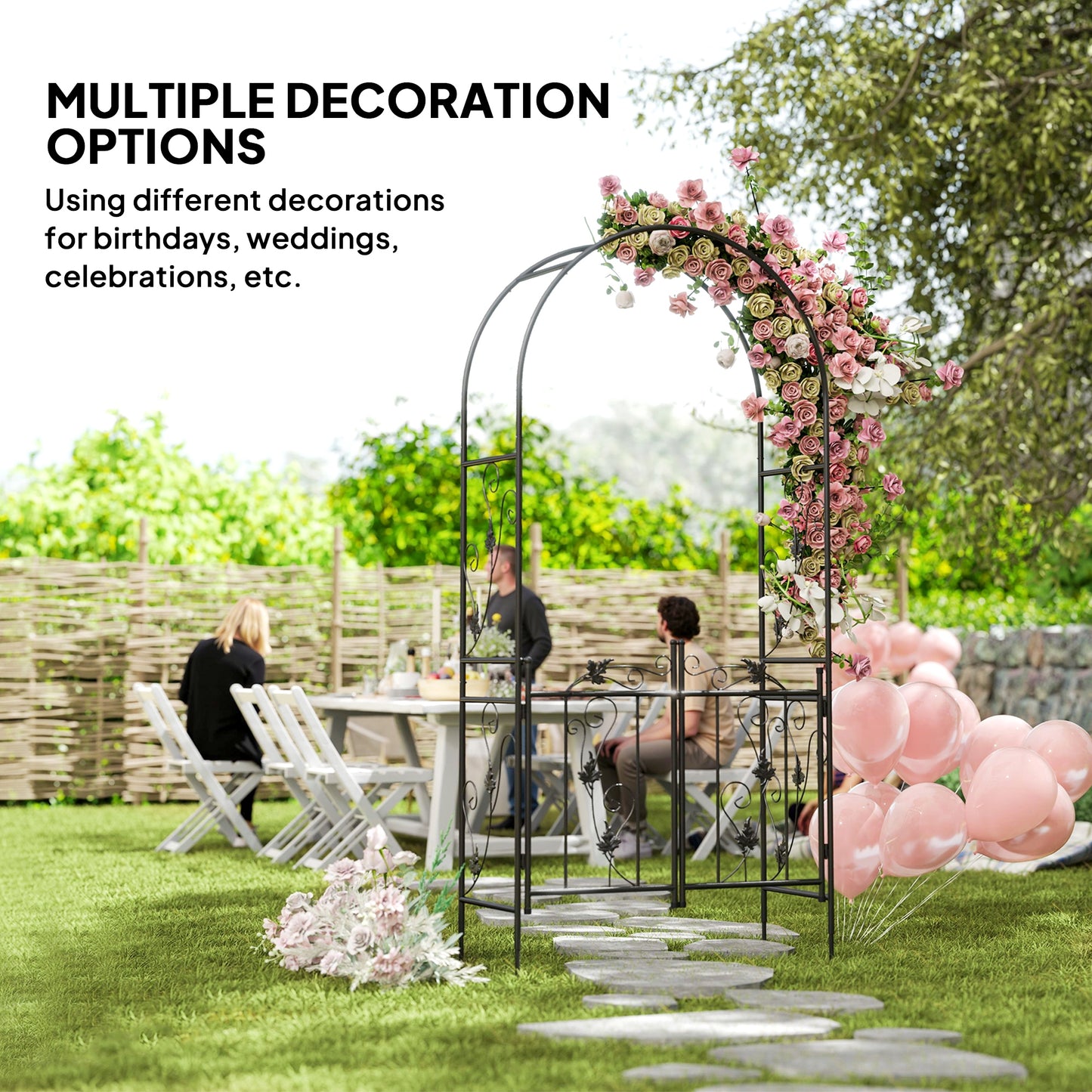 7ft Steel Garden Arch with Gate, Garden Arbor Trellis for Climbing Plants, Roses, Vines, Wedding Arch for Outdoor, Garde
