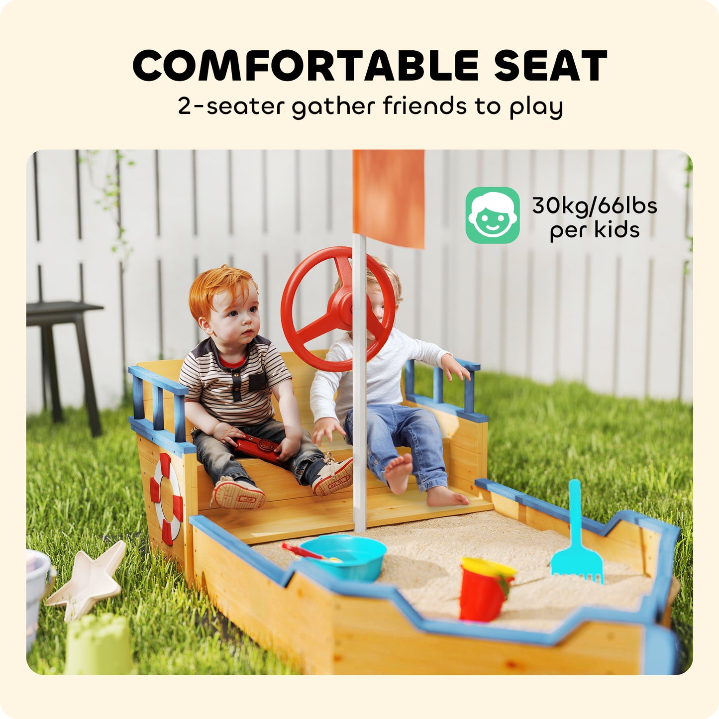 Kids Wooden Sandbox Pirate Ship Sandboat Outdoor Backyard Playset Children Sandpit w/ Bench Seat Storage Space & Flag fo