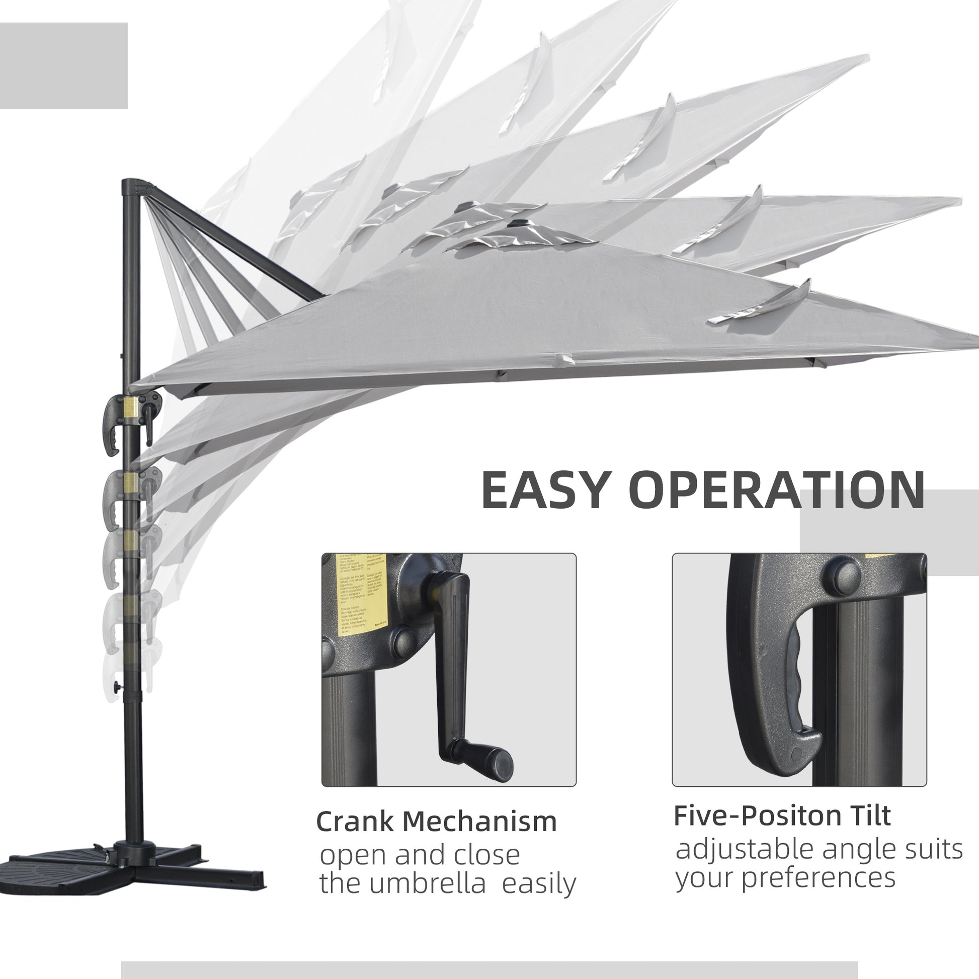 9ft Cantilever Patio Umbrella, Square Overhanging Umbrella with Cross Base, Crank Handle, Tilt Light Grey