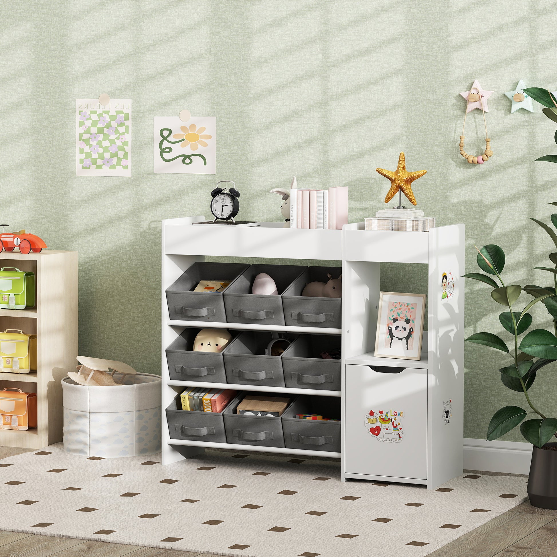 Qaba Toy Storage Organizer with 9 Non-Woven Fabric Boxes, Storage Cabinet & Shelves, for Kids Room, Nursery, Playroom Wh
