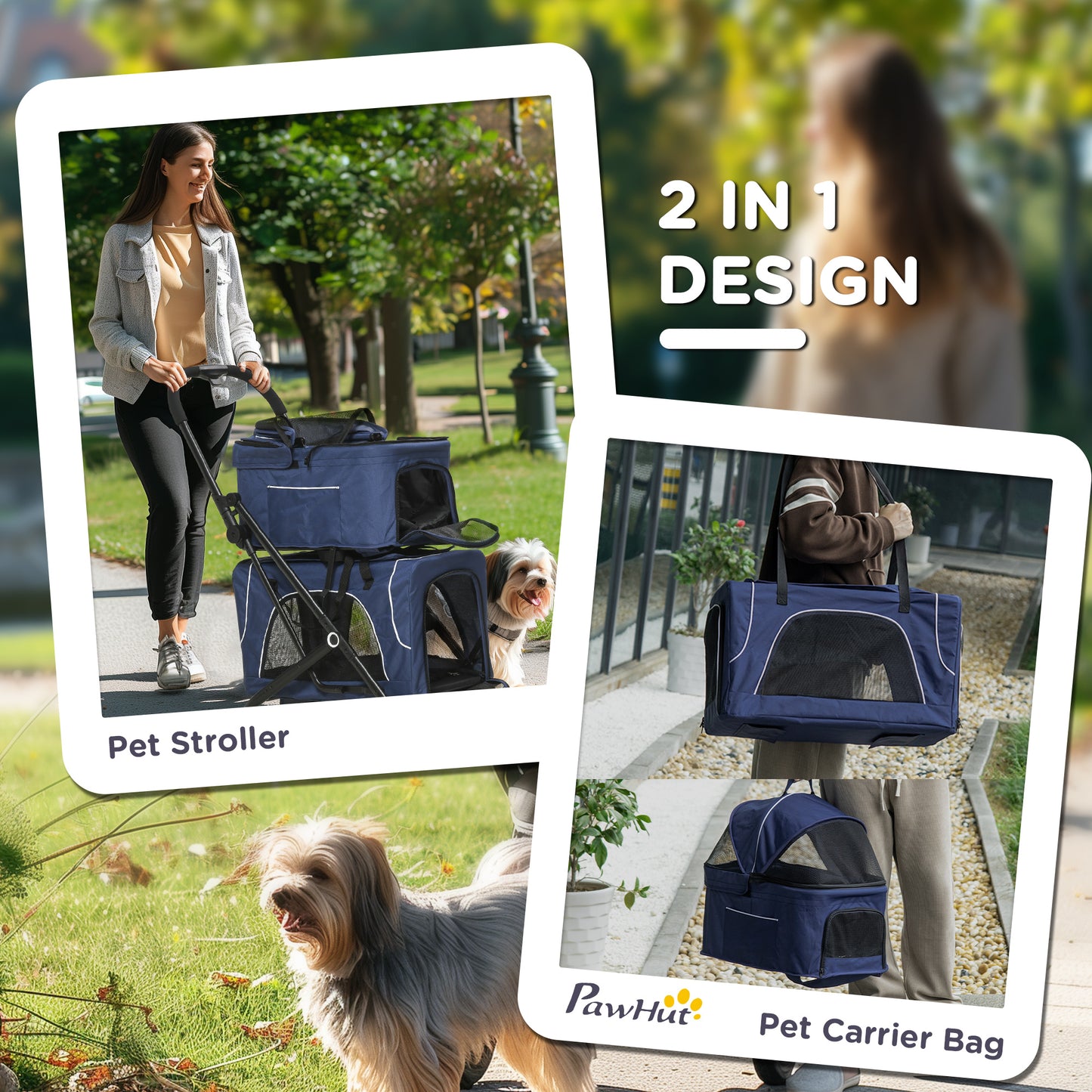 3-in-1 Double Pet Stroller for Small Miniature Dogs Cats with Removable Carrier, Foldable Travel Carrier Bag, Car Seat, 