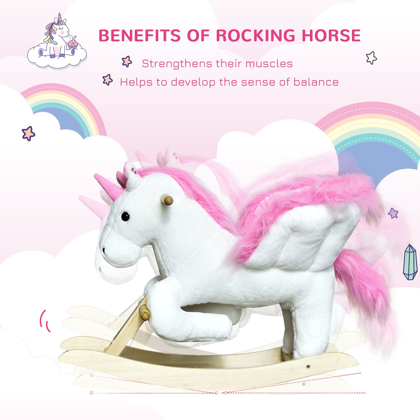 Qaba Baby Rocking Horse, Plush Animal Rocker for Toddlers Aged 18-36 Months, Stuffed Ride Toy with Sounds, Seat Belt, Wh