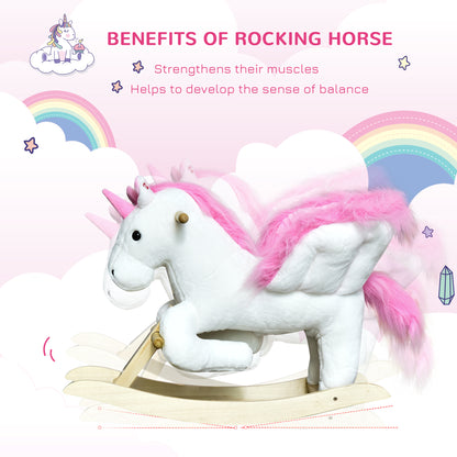 Qaba Baby Rocking Horse, Plush Animal Rocker for Toddlers Aged 18-36 Months, Stuffed Ride Toy with Sounds, Seat Belt, Wh