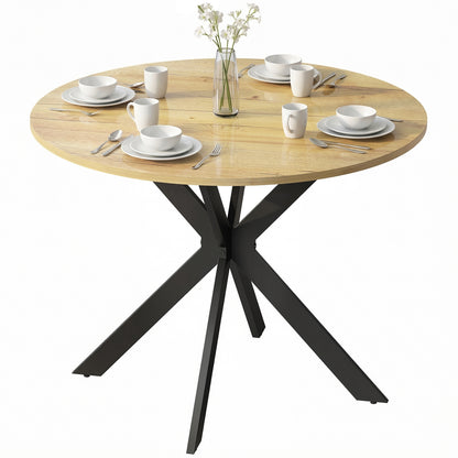 39" Dining Table, Contemporary Round Kitchen Table with Steel Legs, Brown Wood Grain