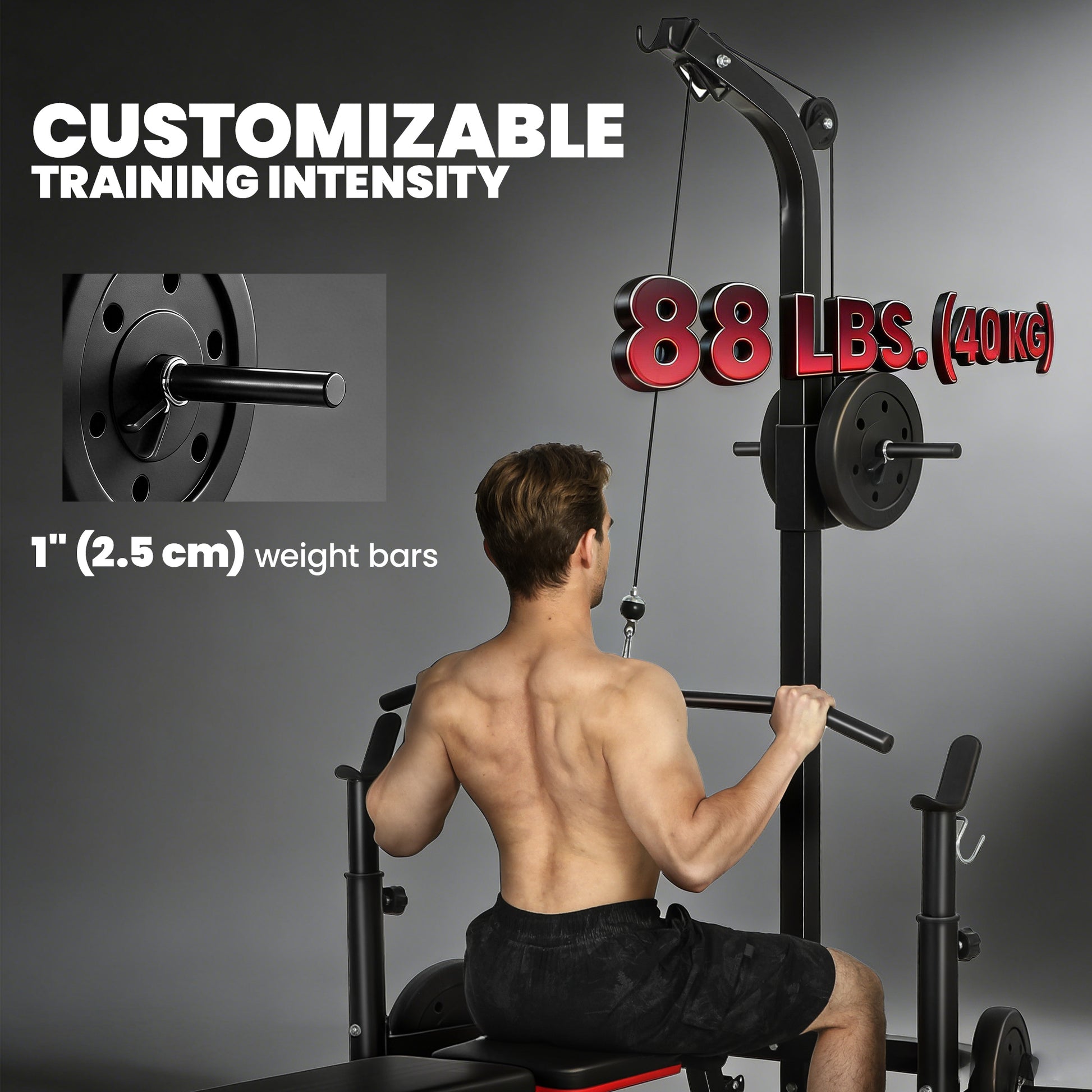 Soozier Multi-Function Home Gym Machine with Bench Press Rack, Squat Rack and Lat Pulldown System, Black