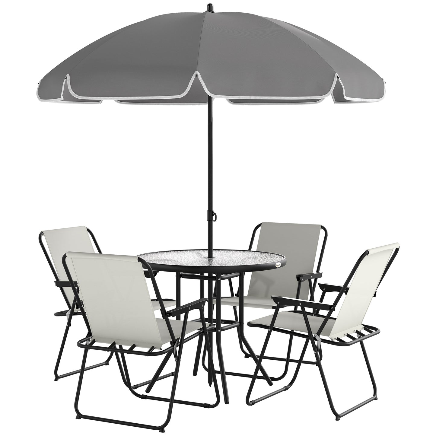 6 Pieces Patio Dining Set with Umbrella, Patio Furniture Set with Folding Chairs, Glass Table for Garden Backyard, Cream